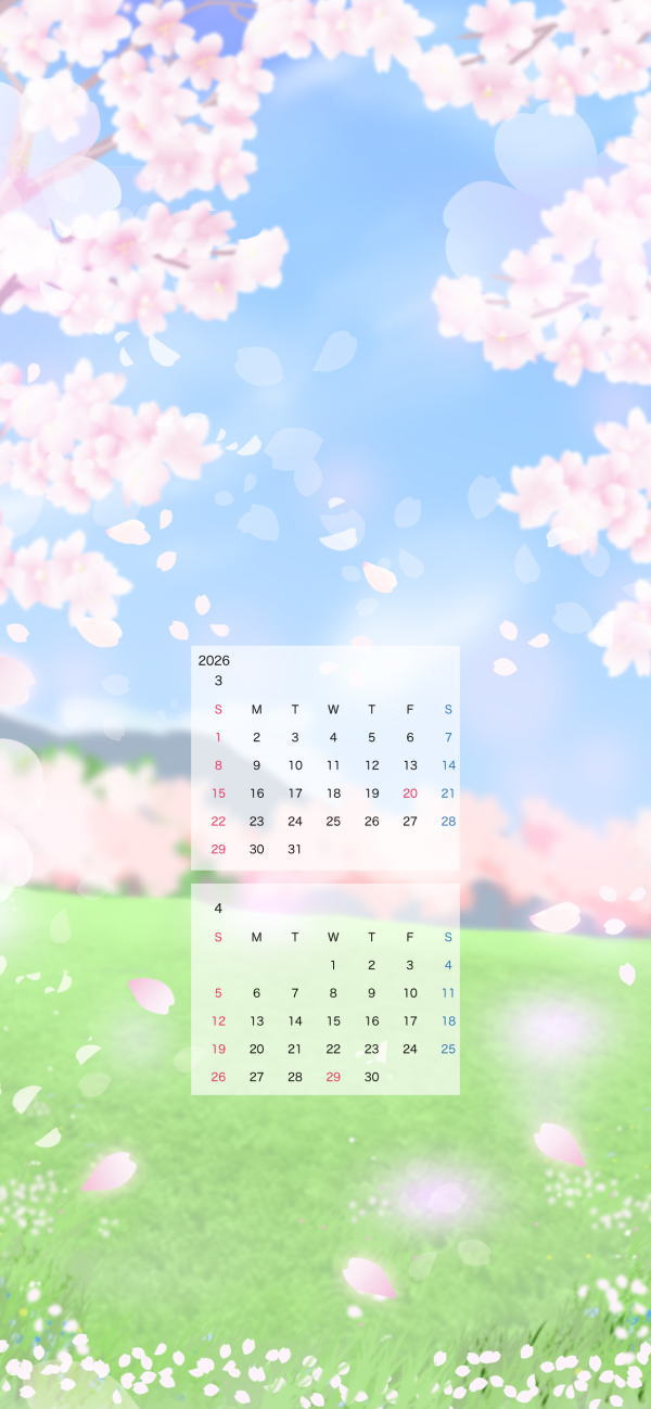 2026年カレンダー 3・4月　スマホ壁紙