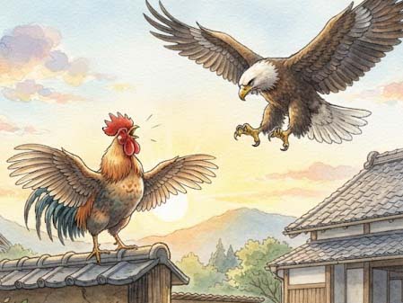 ２羽のオンドリとワシ