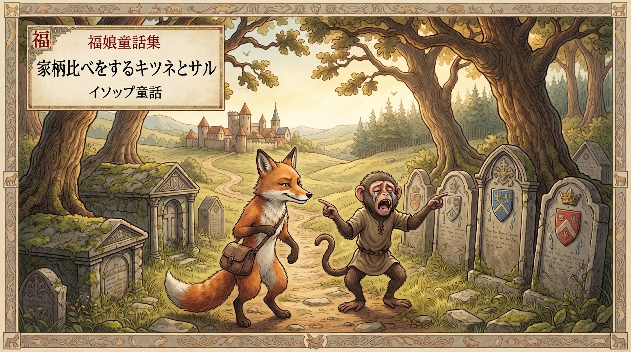 家柄比べをするキツネとサル