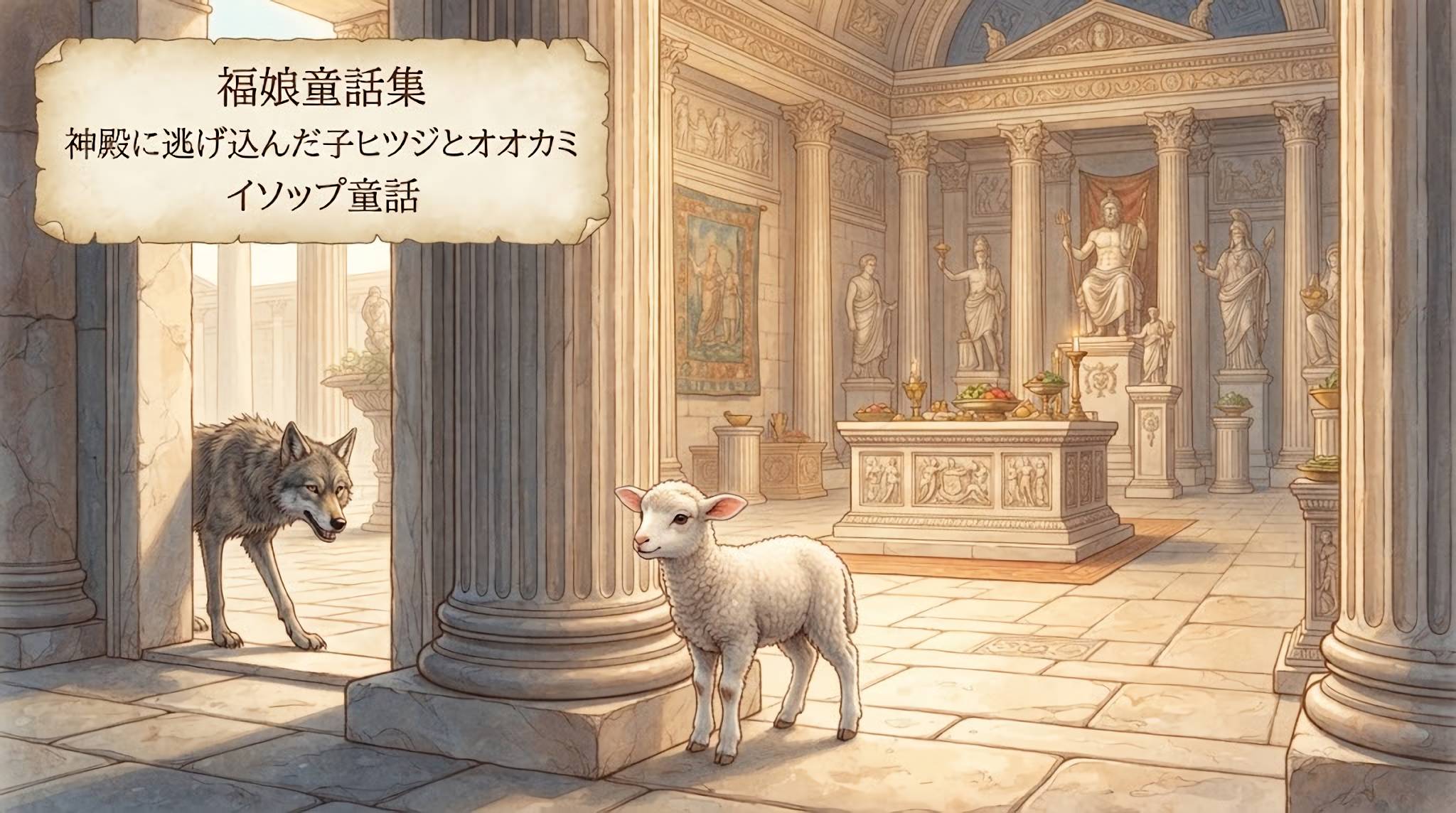 神殿に逃げ込んだ子ヒツジとオオカミ