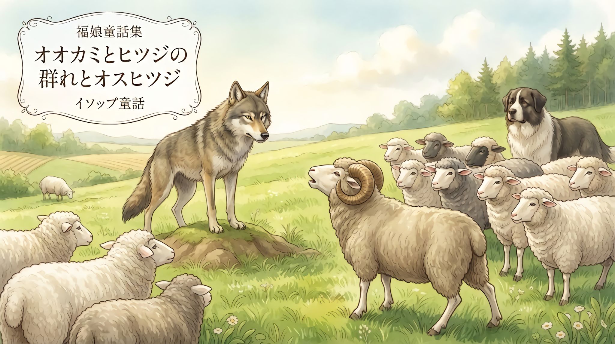 オオカミとヒツジの群れとオスヒツジ