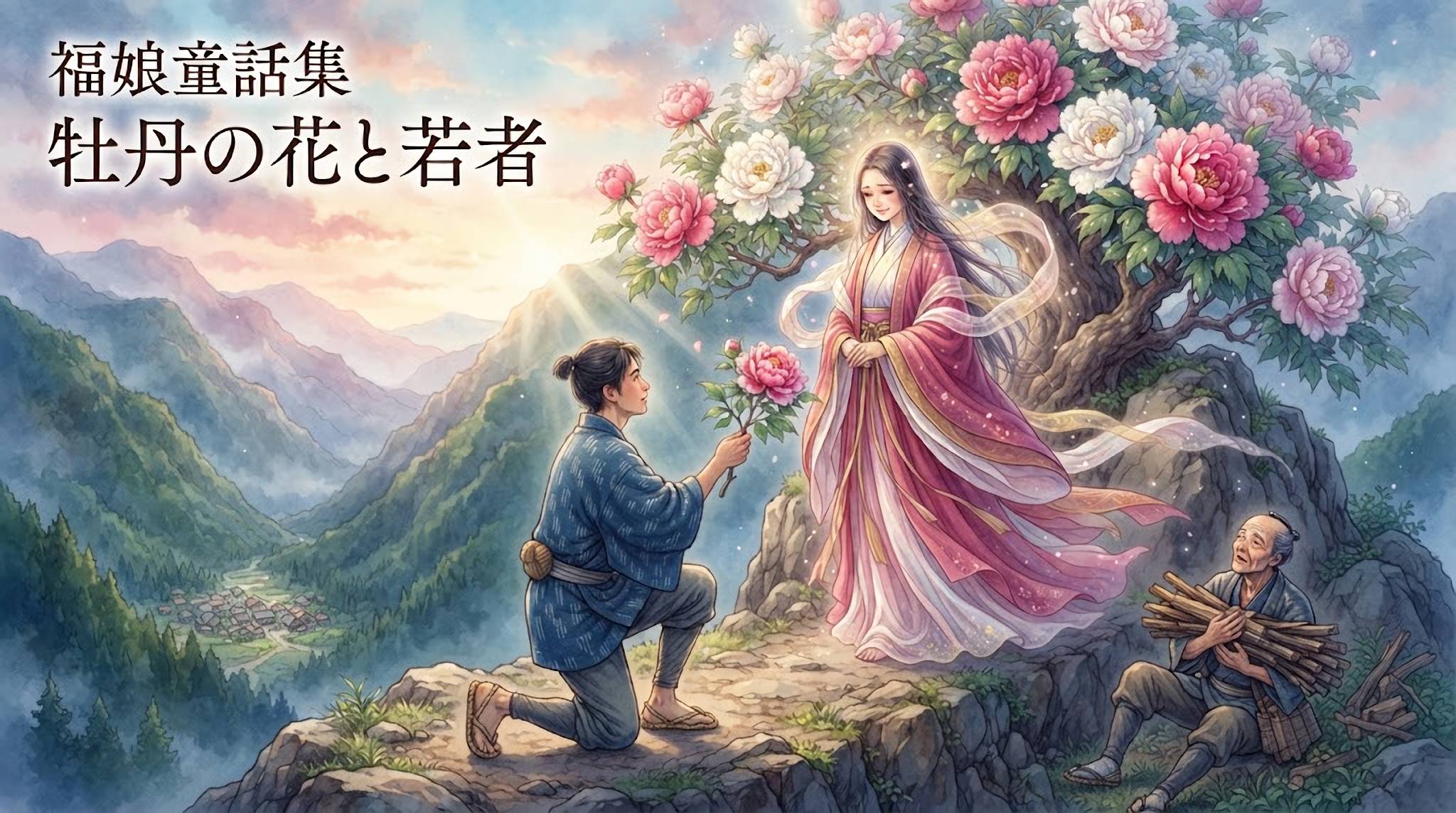 牡丹の花と若者