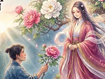 牡丹(ぼたん)の花と若者