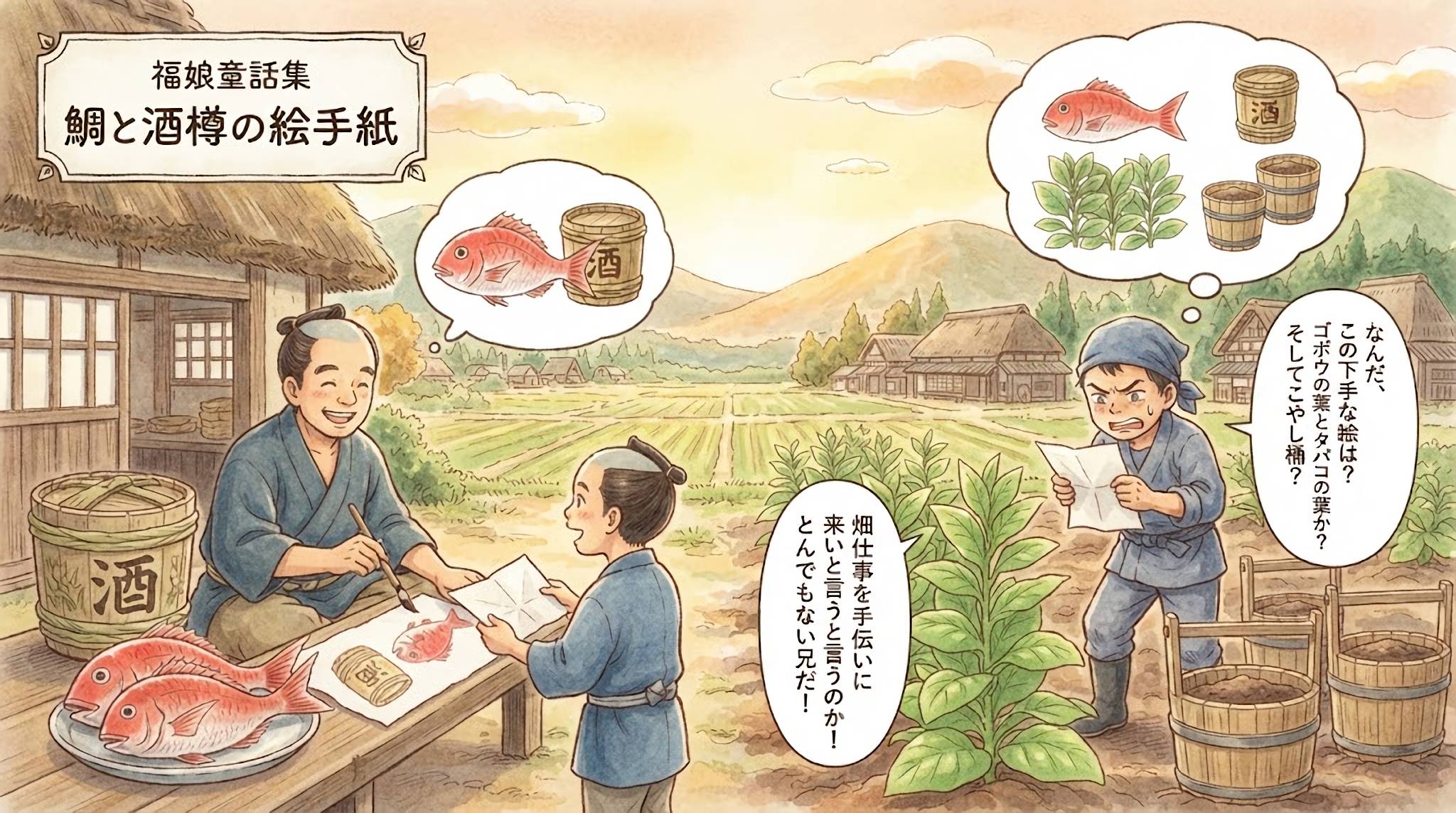 鯛と酒樽の絵手紙