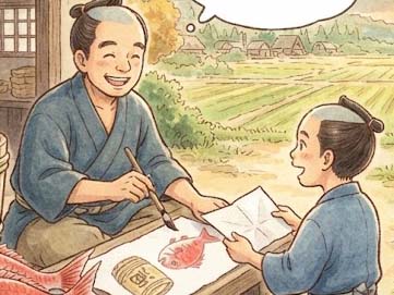 鯛と酒樽の絵手紙