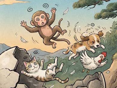 大きな玉のサルと、ネコと、犬と、ニワトリ