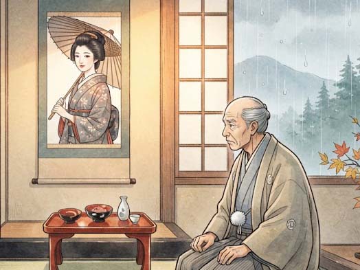 傘を広げる掛け軸の女